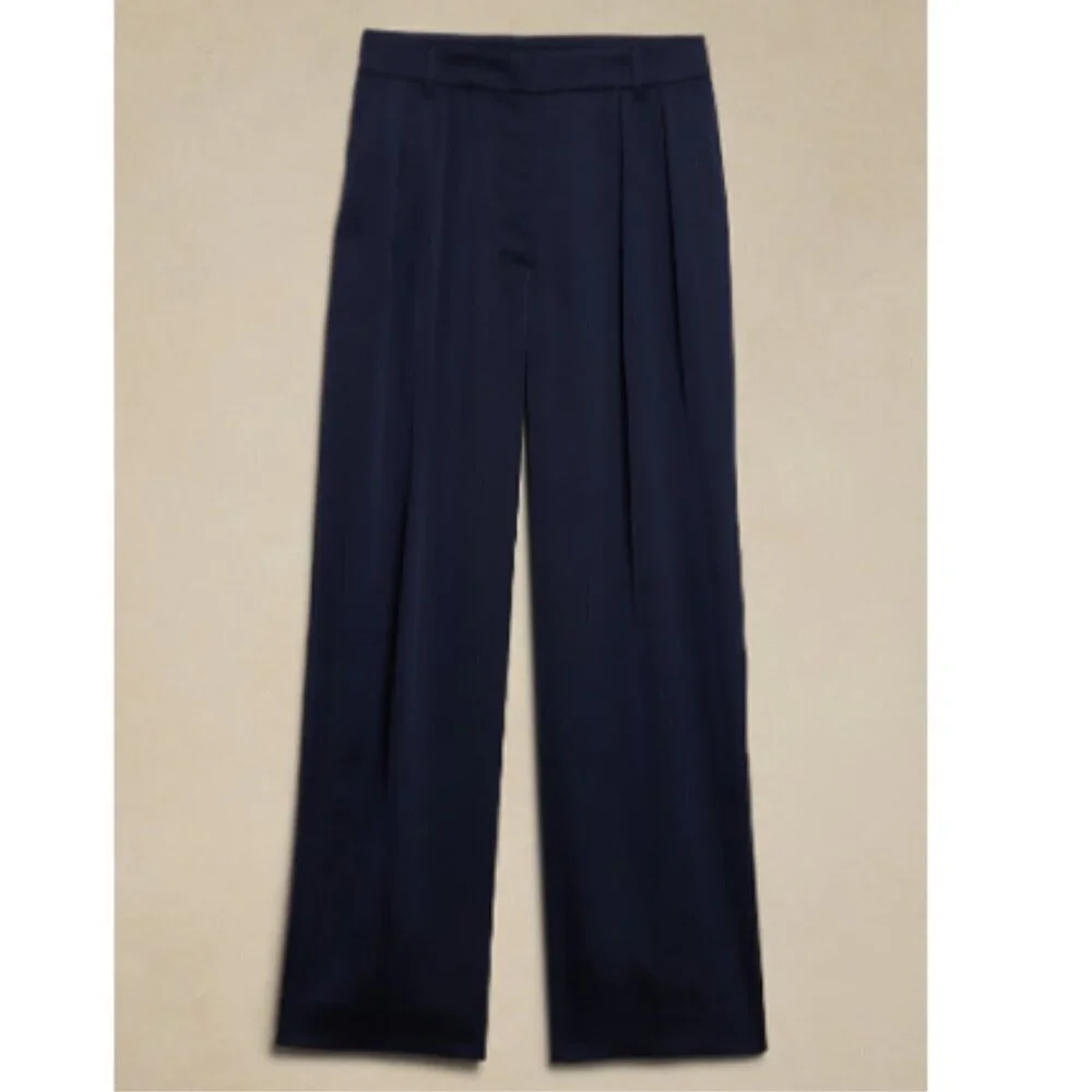 Banana Republic SILKY Relaxed Wide Leg Pleated Navy Blue Trousers Size 14 RT$120